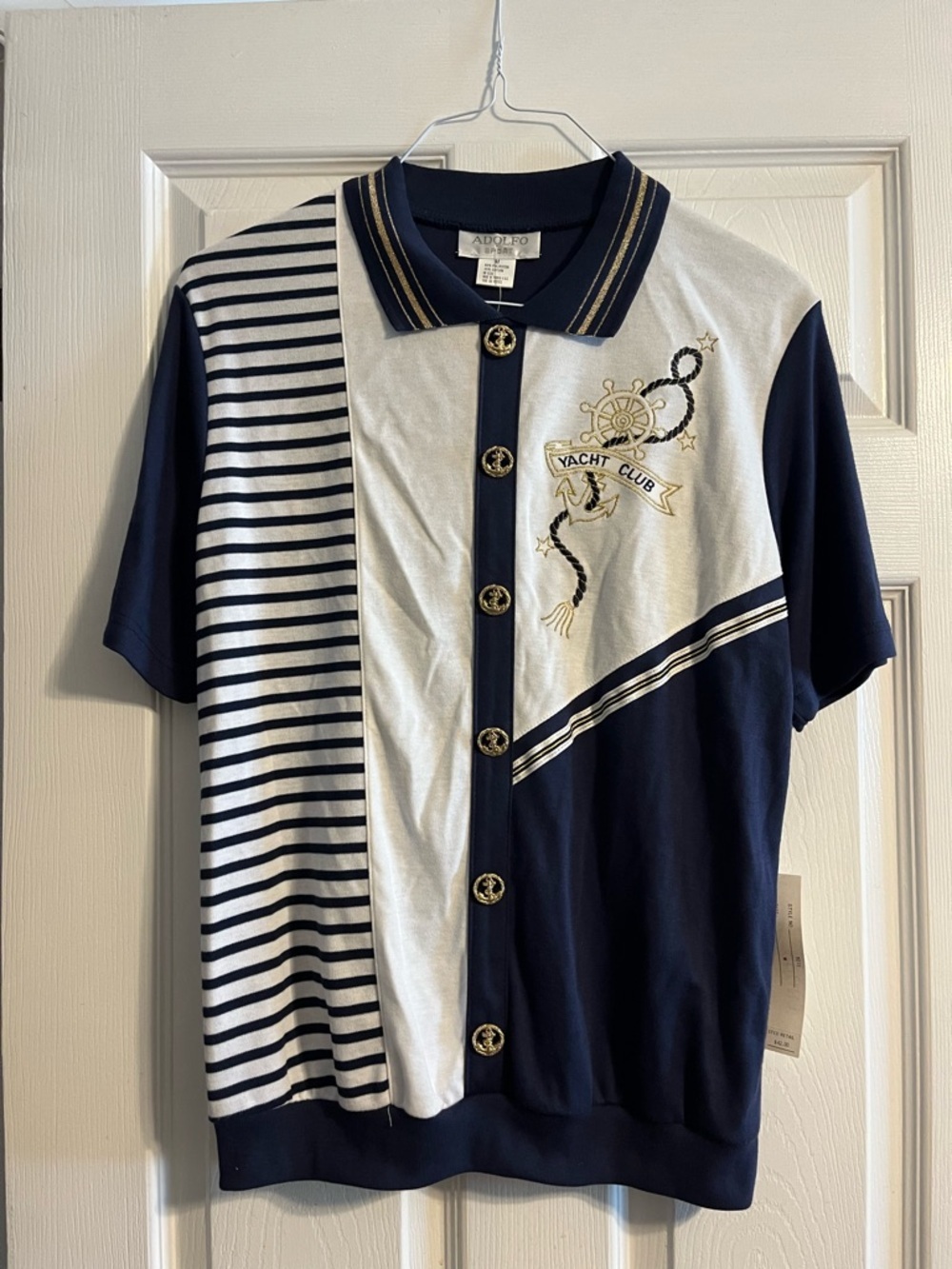 ⚓️Adolfo Sport “Yacht Club” Navy & White Nautical Polo with Gold Anchor Buttons